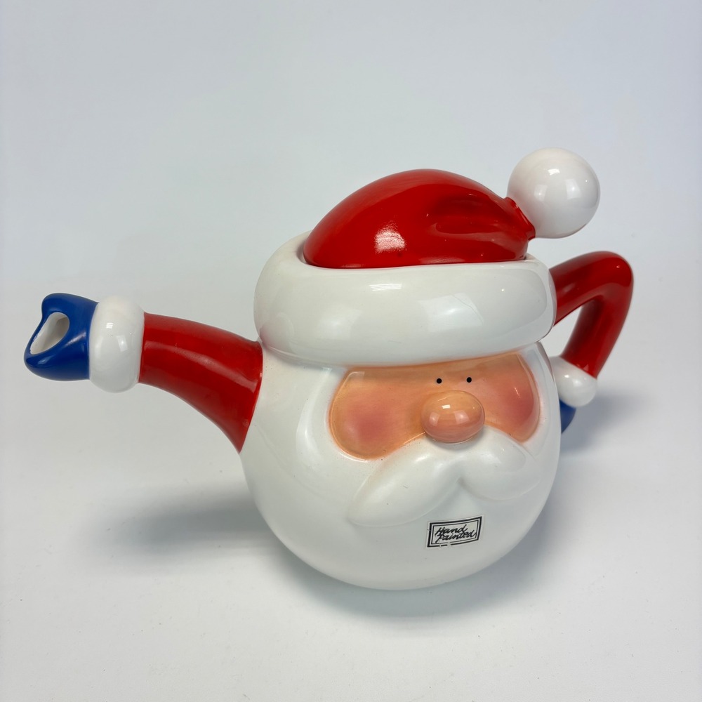 Department 56 Santa Claus Teapot Ceramic Red White Blue Hand Painted Christmas